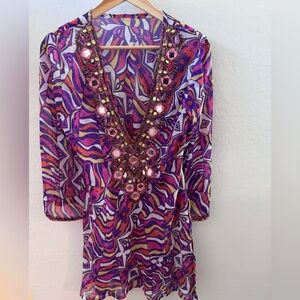Vibrant Multicolor Patterned Tunic Blouse With Embellished Neckline/Sleeves